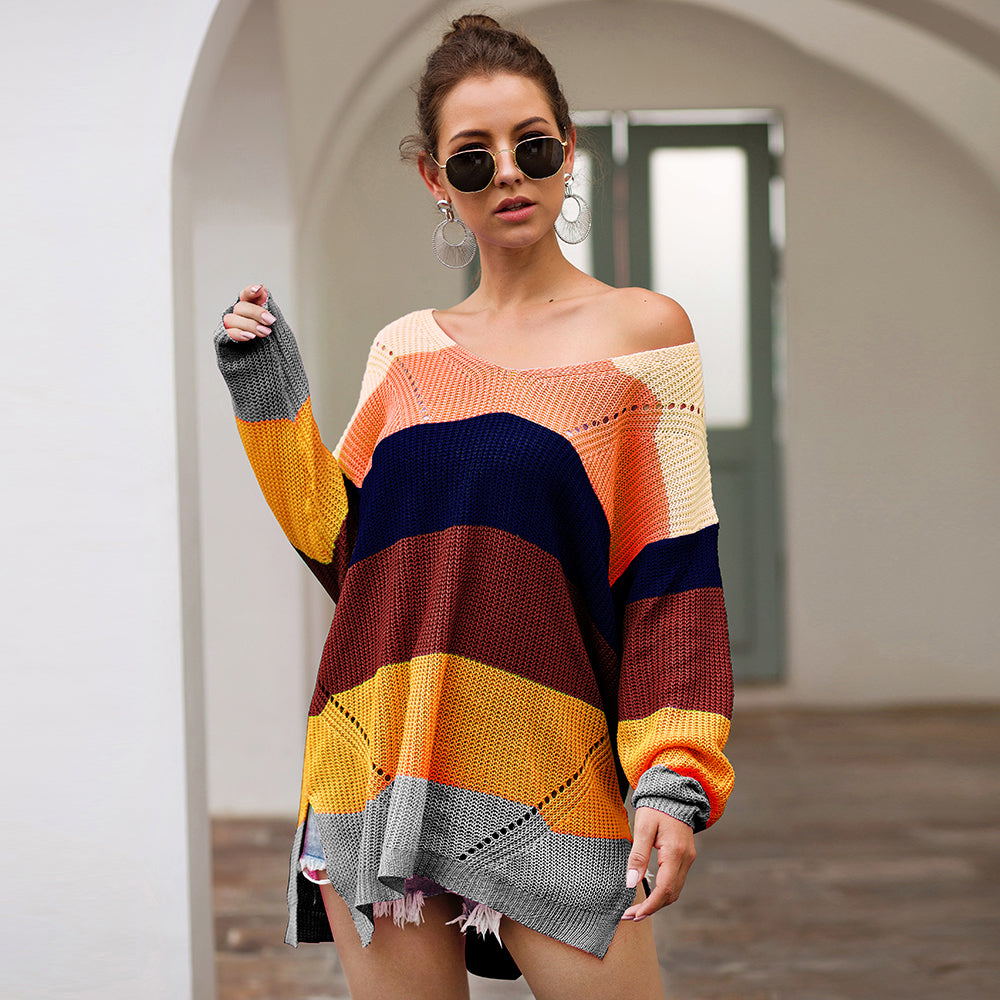 Women‘s Loose V-neck Rainbow Stripes Long Sweater