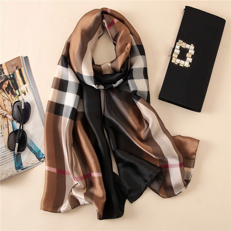Elegant Fashion Classic Plaid Gradient Stamp Printing Silk Scarf Shawl Wrap for Women Ladies Girls 90x180