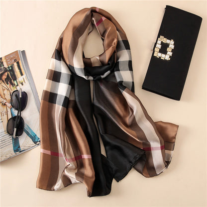 Elegant Fashion Classic Plaid Gradient Stamp Printing Silk Scarf Shawl Wrap for Women Ladies Girls 90x180