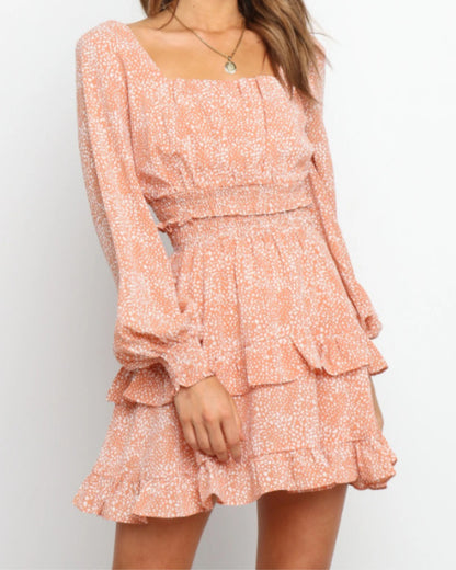 Square Collar Elastic Waist Ruffled Floral Mini Dresses