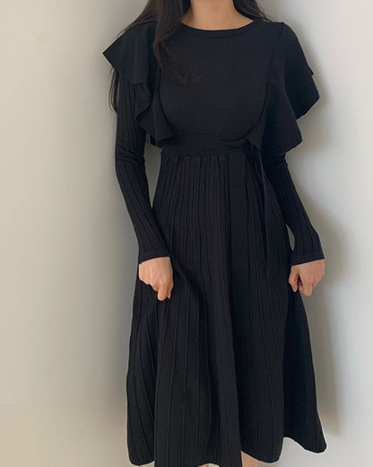 Lace-up Ruffled Flounces Splicing Knit Sweater Midi Dress