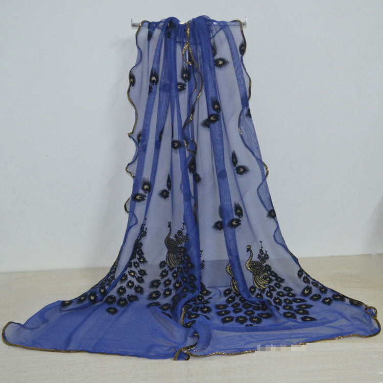 Fashion Lace Scarf Net Yarn Printing Peacock Stitching Flocking Phoenix Scarf for Women Ladies Girls