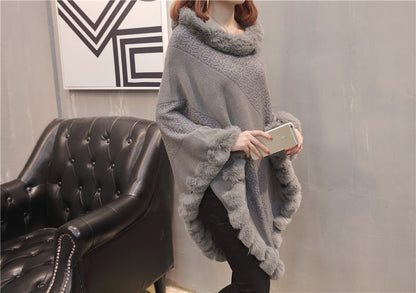 Pullover Hem Fur Collar Sweater Cloak Shawl Cape
