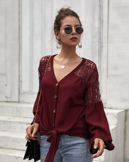 Multicolor Long Sleeve Lace Shoulder Knitting Sweater