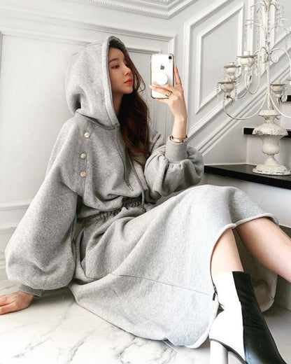 Puff Sleeve Hooded Hoodies Sweatshirts Coat Midi Dresses