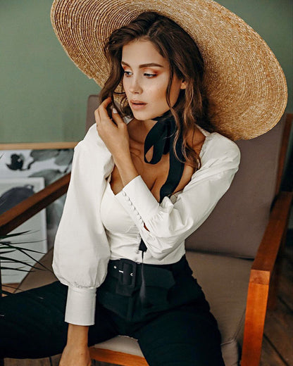 Square Collar Puff Sleeve Backless Single-breasted Shirts