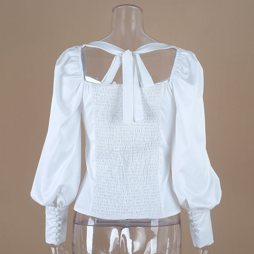 Square Collar Puff Sleeve Backless Single-breasted Shirts