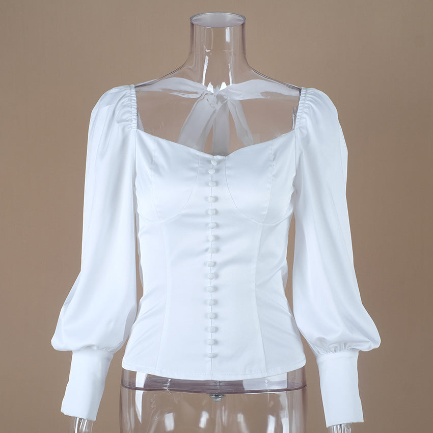 Square Collar Puff Sleeve Backless Single-breasted Shirts