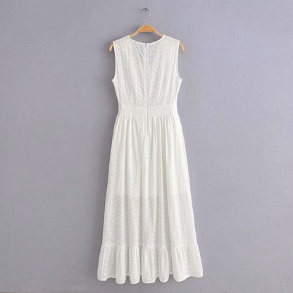 V-neck Hollwed-out Embroidered Maxi Dress Cotton Ruffled Dress