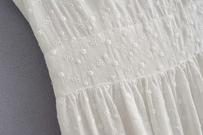V-neck Hollwed-out Embroidered Maxi Dress Cotton Ruffled Dress