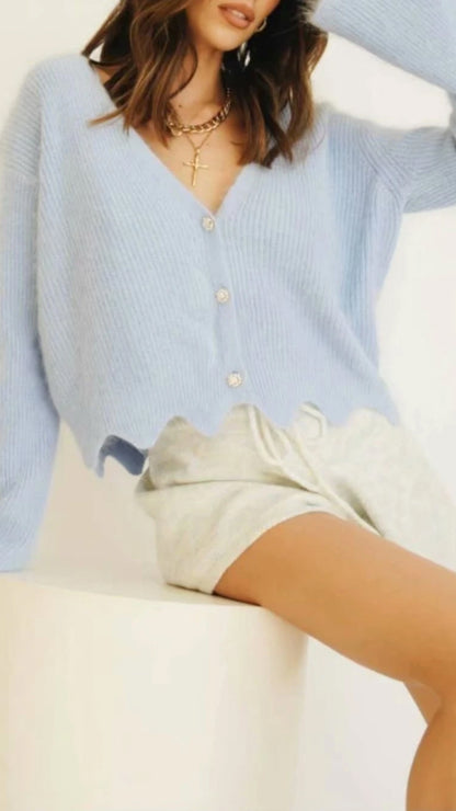 Single-breasted V-neck Ruffles Hem Knitting Cardigans