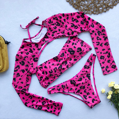 Leopard Bikini Long Sleeve Swimwear Swimsuit