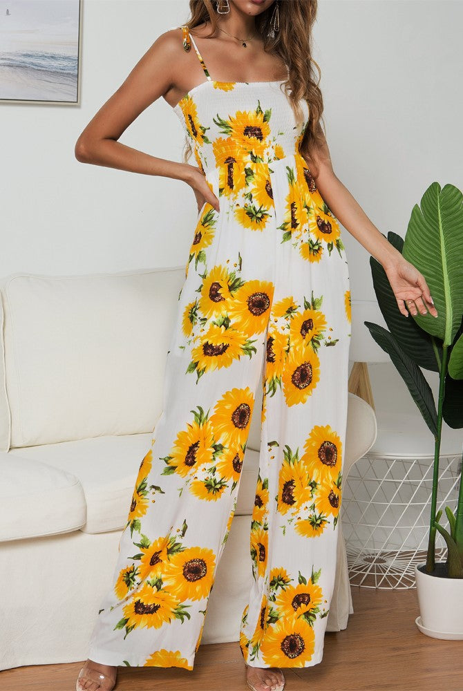 Summer Sunflower Print Suspenders Jumpsuit High Waist Romper