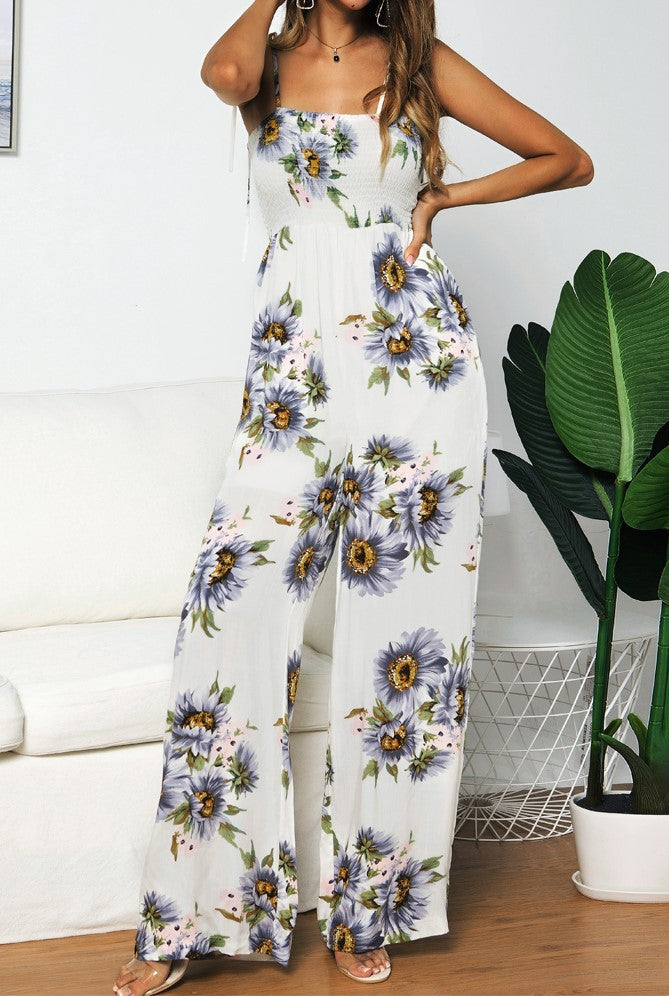 Summer Sunflower Print Suspenders Jumpsuit High Waist Romper