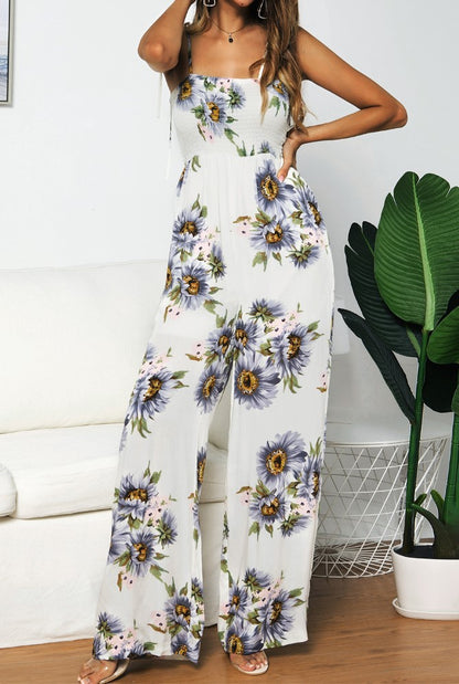 Summer Sunflower Print Suspenders Jumpsuit High Waist Romper
