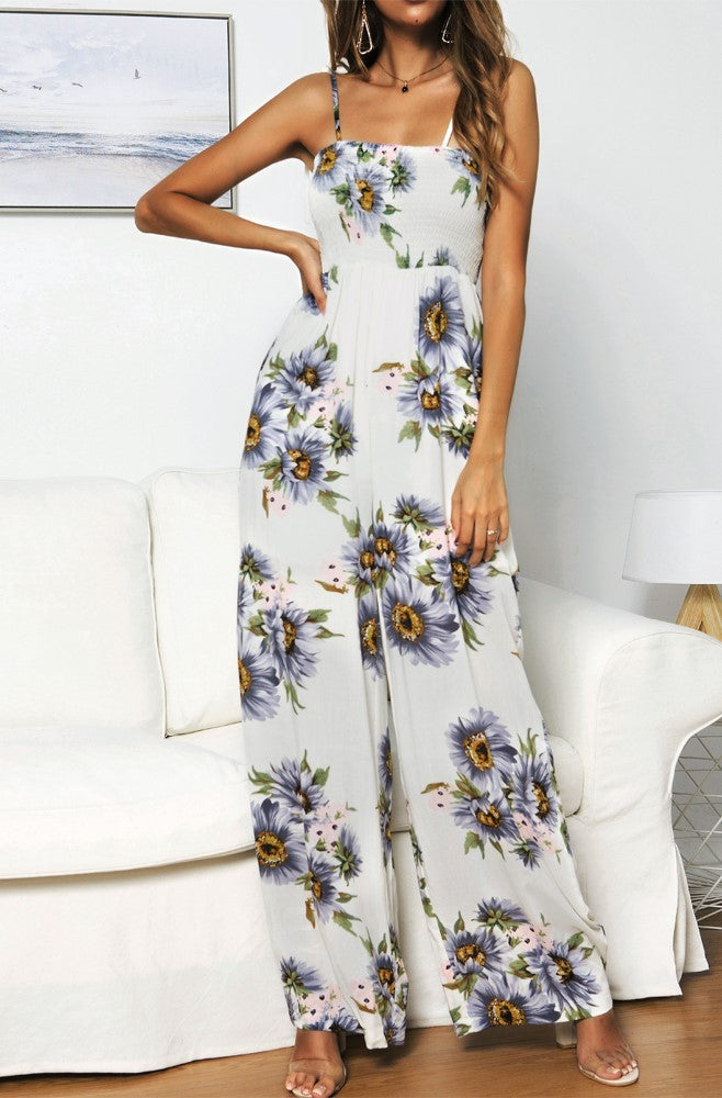Summer Sunflower Print Suspenders Jumpsuit High Waist Romper