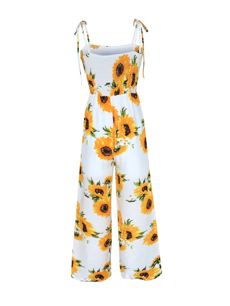 Summer Sunflower Print Suspenders Jumpsuit High Waist Romper