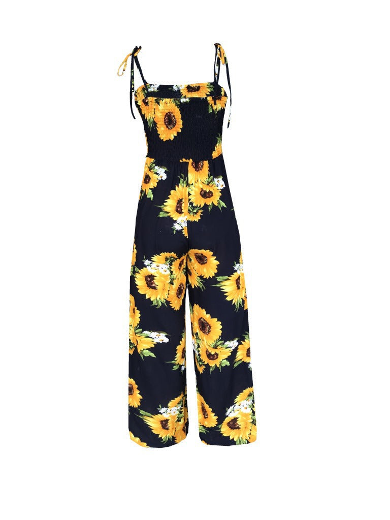 Summer Sunflower Print Suspenders Jumpsuit High Waist Romper