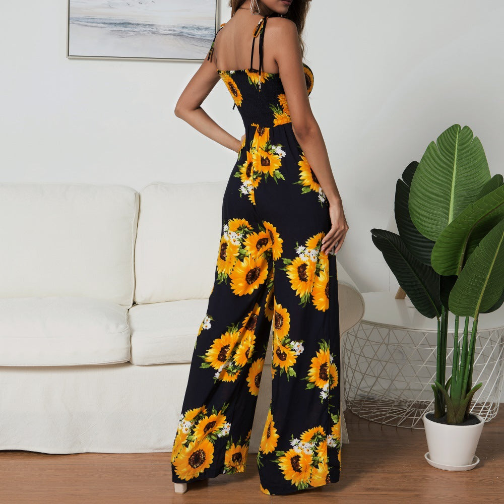 Summer Sunflower Print Suspenders Jumpsuit High Waist Romper