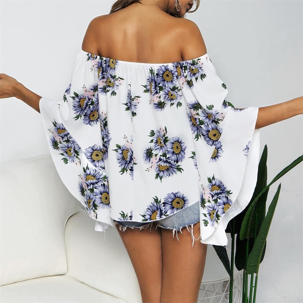 Off Shoulder Flared Sleeve Tops Sunflower Printed Blouse