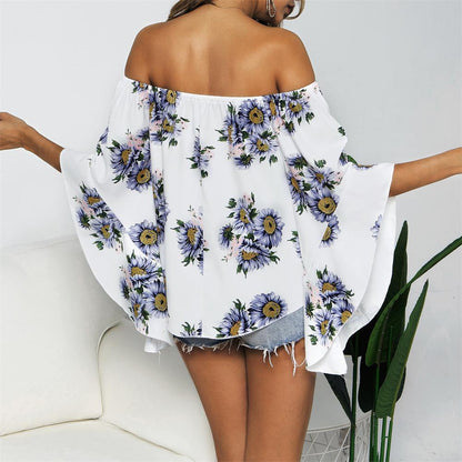 Off Shoulder Flared Sleeve Tops Sunflower Printed Blouse