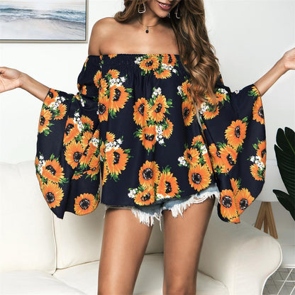 Off Shoulder Flared Sleeve Tops Sunflower Printed Blouse