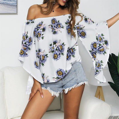 Off Shoulder Flared Sleeve Tops Sunflower Printed Blouse