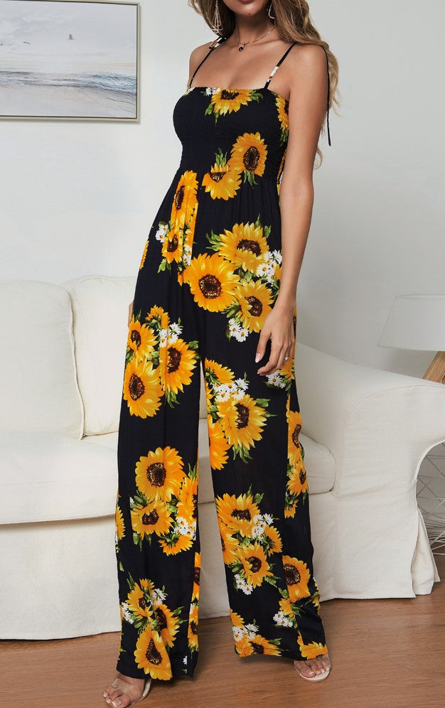 Summer Sunflower Print Suspenders Jumpsuit High Waist Romper