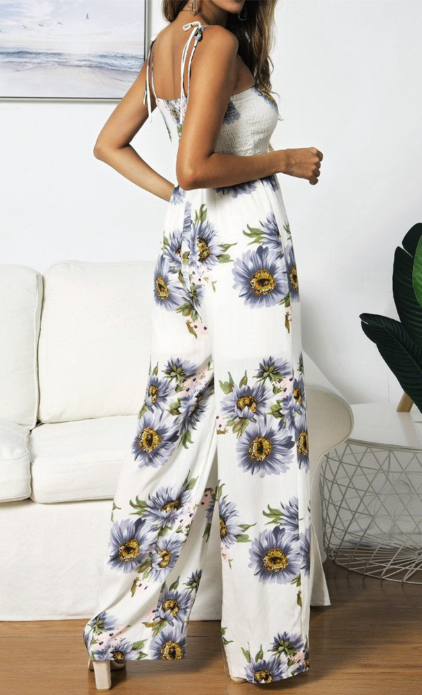 Summer Sunflower Print Suspenders Jumpsuit High Waist Romper