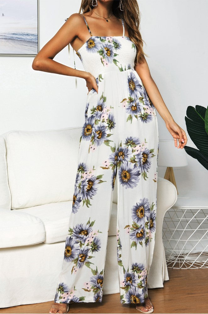 Summer Sunflower Print Suspenders Jumpsuit High Waist Romper