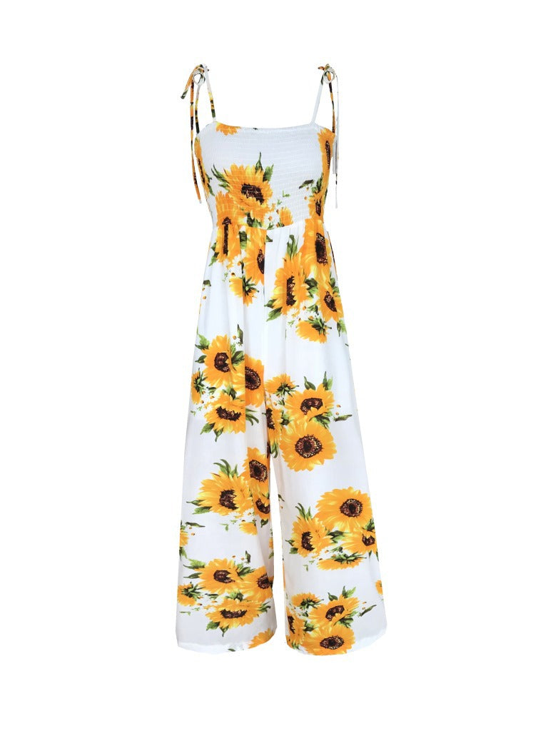 Summer Sunflower Print Suspenders Jumpsuit High Waist Romper