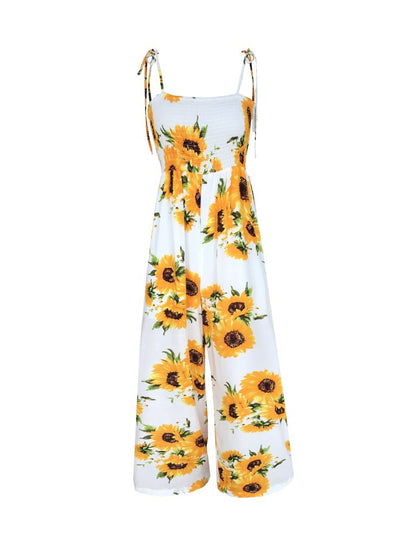 Summer Sunflower Print Suspenders Jumpsuit High Waist Romper