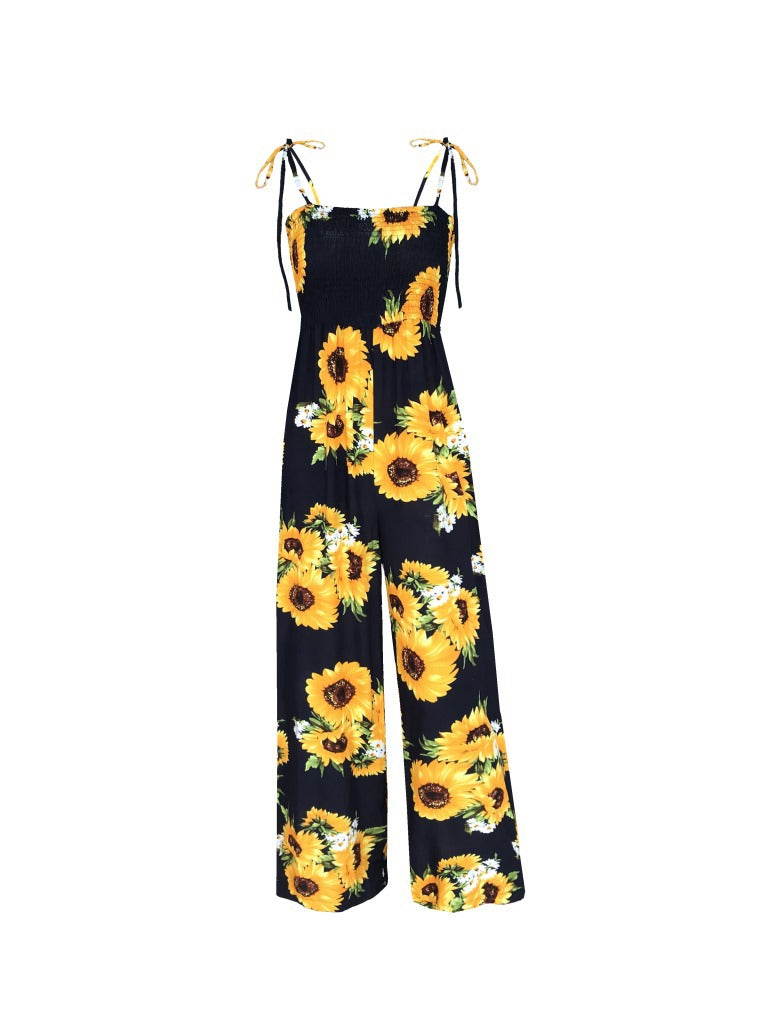 Summer Sunflower Print Suspenders Jumpsuit High Waist Romper