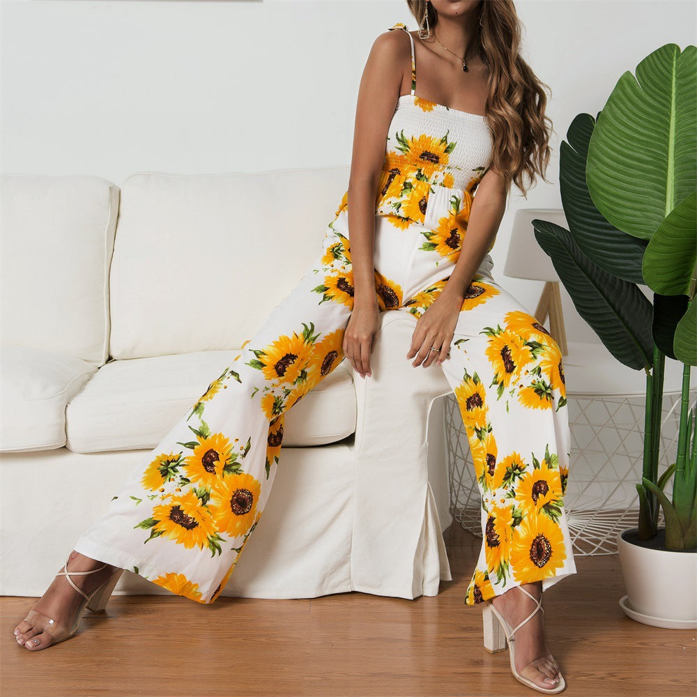 Summer Sunflower Print Suspenders Jumpsuit High Waist Romper