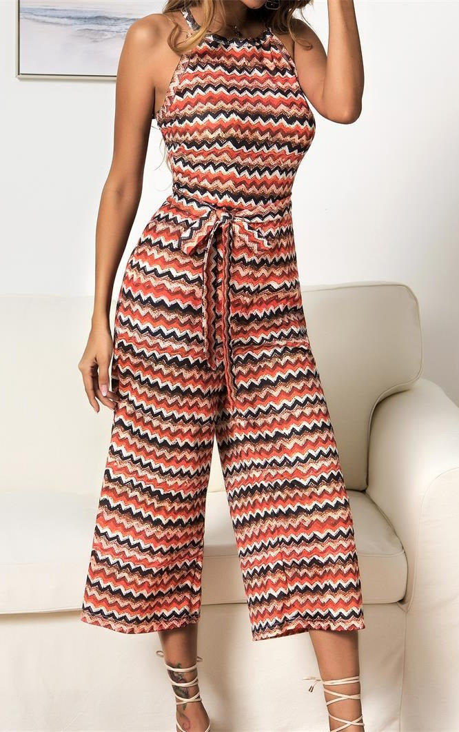 Halter Strappy Jumpsuit Rainbow Wavy Rompers Cropped Pants