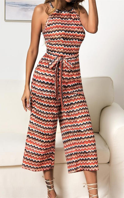 Halter Strappy Jumpsuit Rainbow Wavy Rompers Cropped Pants