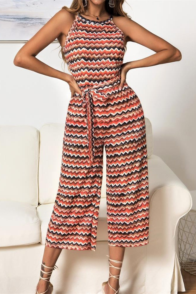 Halter Strappy Jumpsuit Rainbow Wavy Rompers Cropped Pants