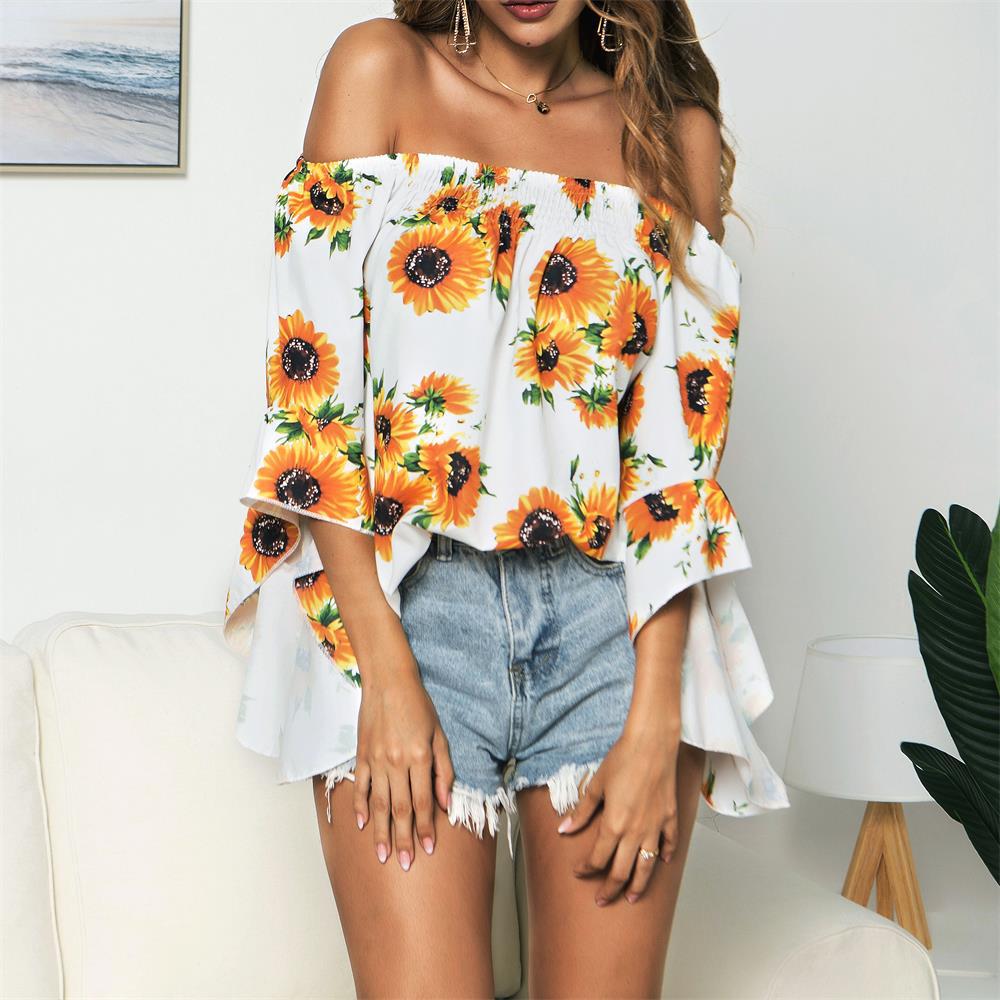 Off Shoulder Flared Sleeve Tops Sunflower Printed Blouse