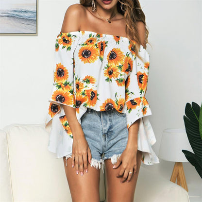 Off Shoulder Flared Sleeve Tops Sunflower Printed Blouse