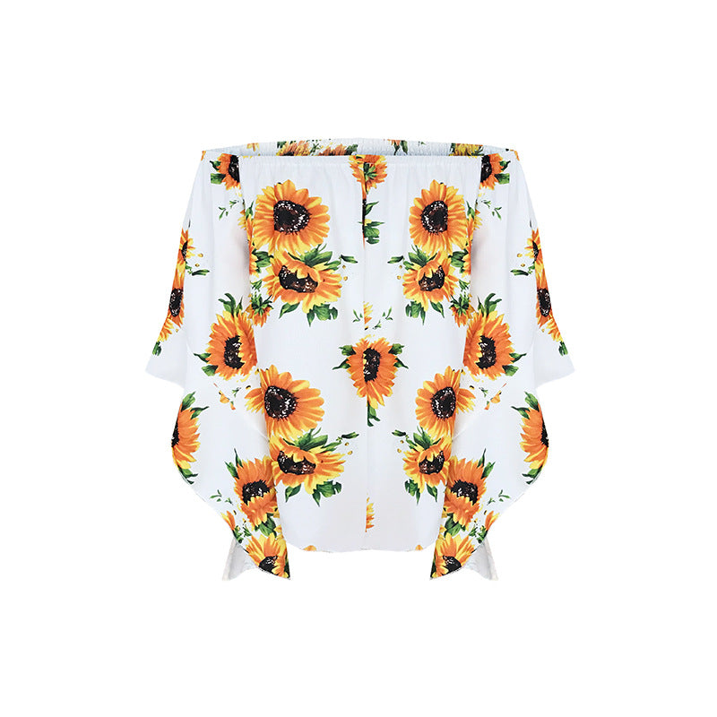 Off Shoulder Flared Sleeve Tops Sunflower Printed Blouse