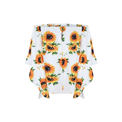 Off Shoulder Flared Sleeve Tops Sunflower Printed Blouse