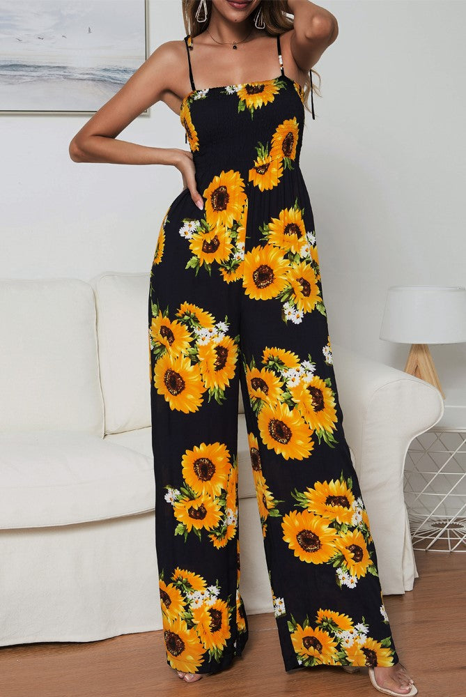 Summer Sunflower Print Suspenders Jumpsuit High Waist Romper