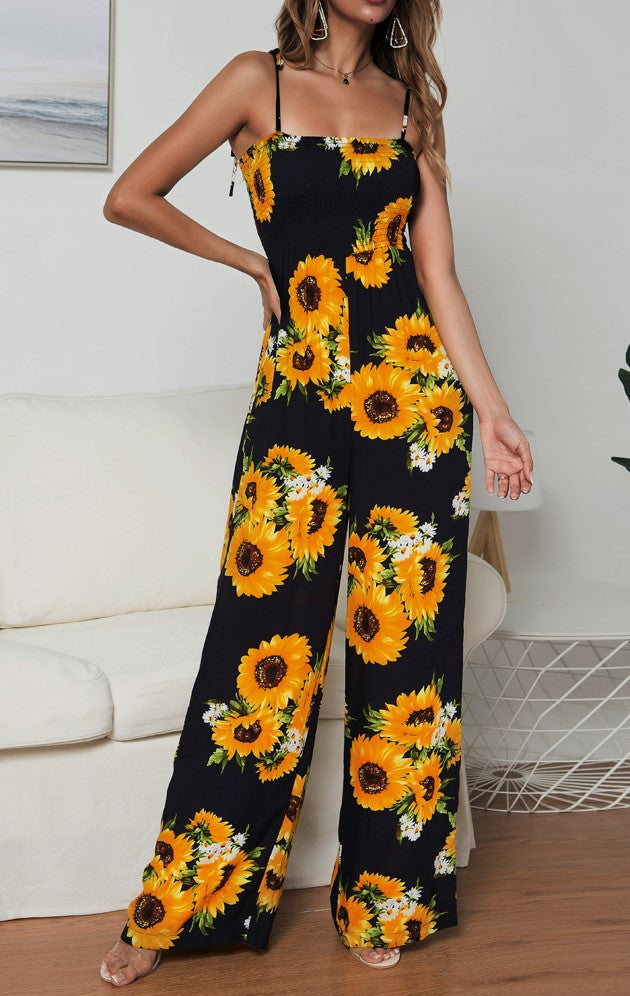 Summer Sunflower Print Suspenders Jumpsuit High Waist Romper