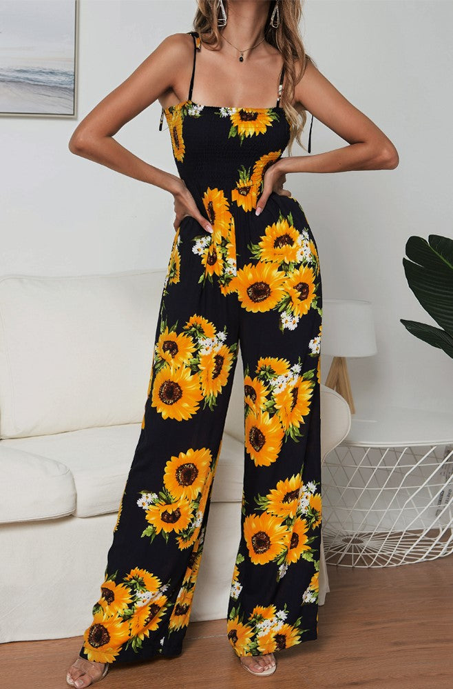 Summer Sunflower Print Suspenders Jumpsuit High Waist Romper