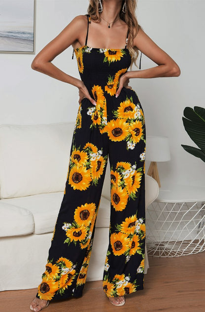 Summer Sunflower Print Suspenders Jumpsuit High Waist Romper