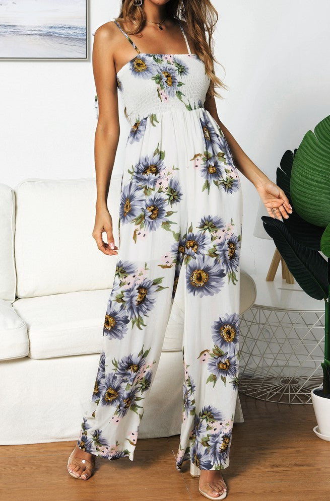 Summer Sunflower Print Suspenders Jumpsuit High Waist Romper