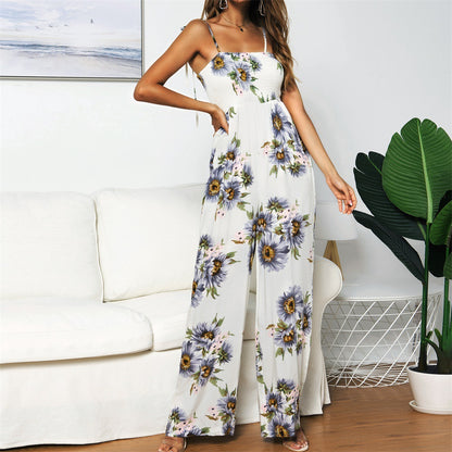Summer Sunflower Print Suspenders Jumpsuit High Waist Romper