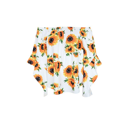 Off Shoulder Flared Sleeve Tops Sunflower Printed Blouse