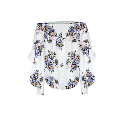 Off Shoulder Flared Sleeve Tops Sunflower Printed Blouse