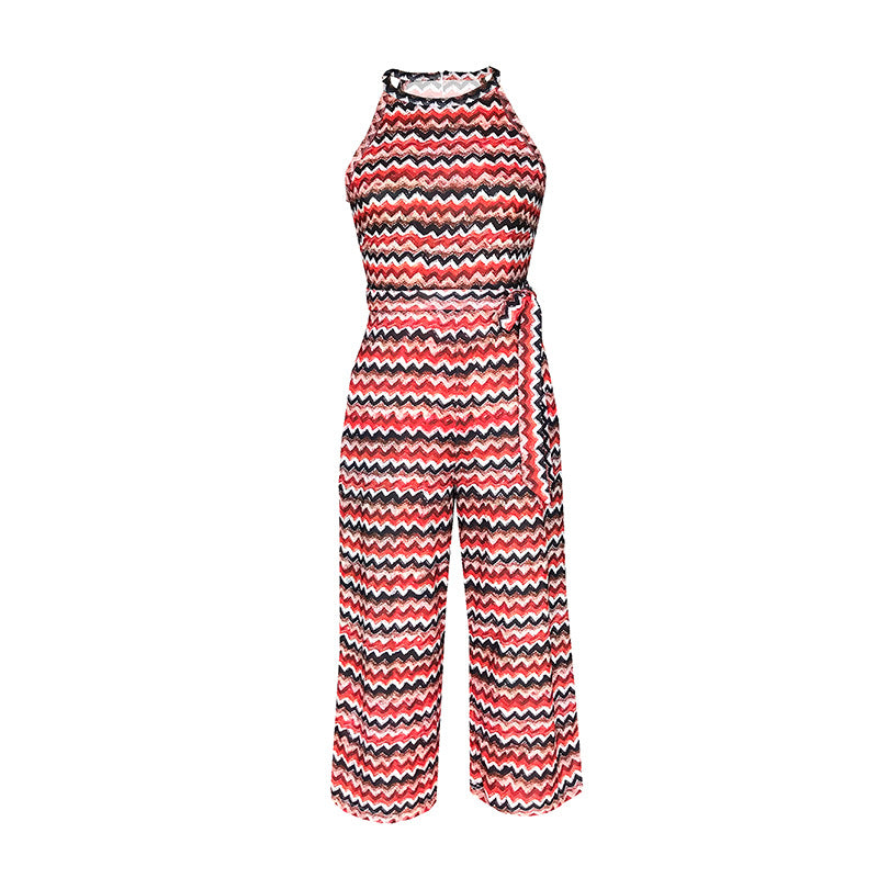 Halter Strappy Jumpsuit Rainbow Wavy Rompers Cropped Pants